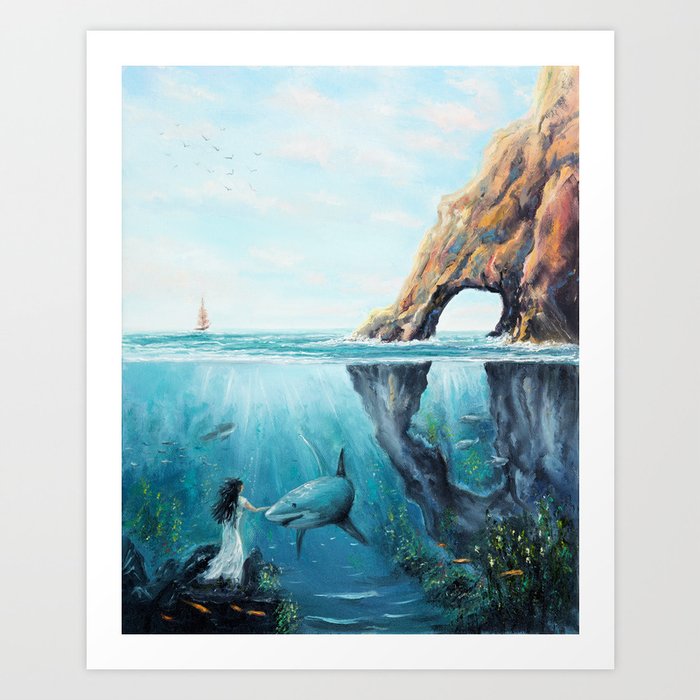 Surreal Ocean Dream 'Fairy Girl and the Shark' Art Print