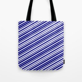 [ Thumbnail: Blue and Lavender Colored Lines/Stripes Pattern Tote Bag ]