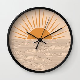 Modern abstract aesthetic background with sun and sea waves, sunset and sunrise illustration Wall Clock