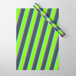[ Thumbnail: Light Sky Blue, Green, Orchid & Dark Slate Gray Colored Striped Pattern Wrapping Paper ]
