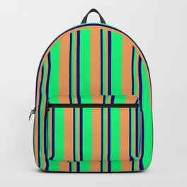 [ Thumbnail: Blue, Green & Brown Colored Lines/Stripes Pattern Backpack ]