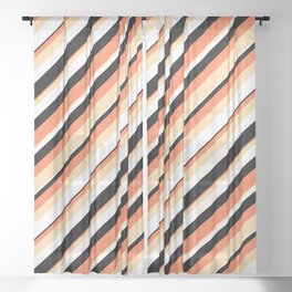 [ Thumbnail: Coral, Tan, White & Black Colored Lines/Stripes Pattern Sheer Curtain ]