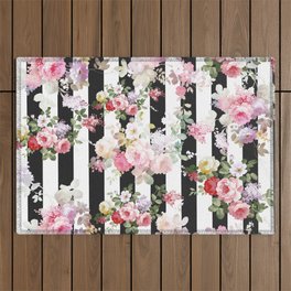 Bold pink watercolor roses floral black white stripes Outdoor Rug