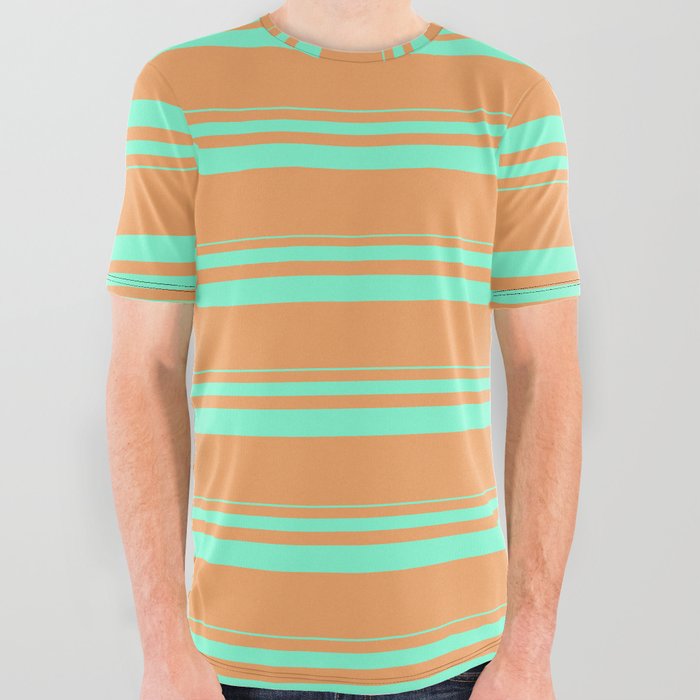 Aquamarine and Brown Colored Lined Pattern All Over Graphic Tee
