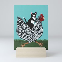 Tuxedo Cat Riding a Chicken Mini Art Print