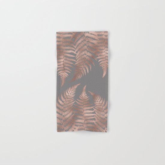 Rosegold pink metal fern leaves on grey background Hand & Bath Towel