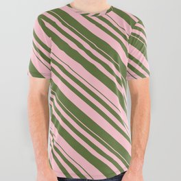 [ Thumbnail: Pink and Dark Olive Green Colored Lines/Stripes Pattern All Over Graphic Tee ]