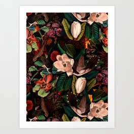 FLORAL AND BIRDS XIV Kunstdrucke | Homedecor, Curated, Black, Jungle, Floral, Animal, Leaf, Vintage, Painting, Retro 