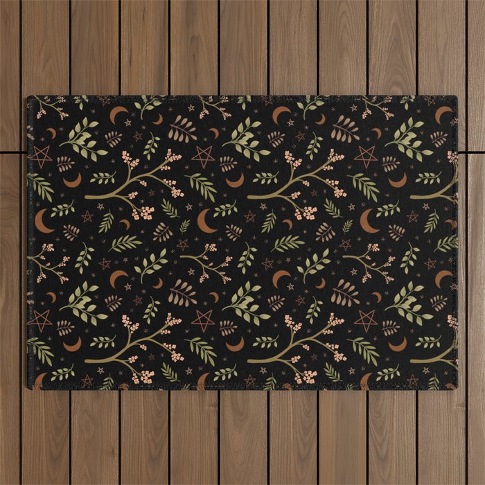 Plant Magick Nature Pattern Black Outdoor Rug
