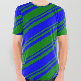 [ Thumbnail: Green and Blue Colored Stripes/Lines Pattern All Over Graphic Tee ]