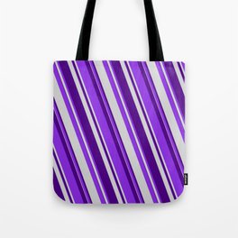 [ Thumbnail: Purple, Light Gray & Indigo Colored Stripes/Lines Pattern Tote Bag ]