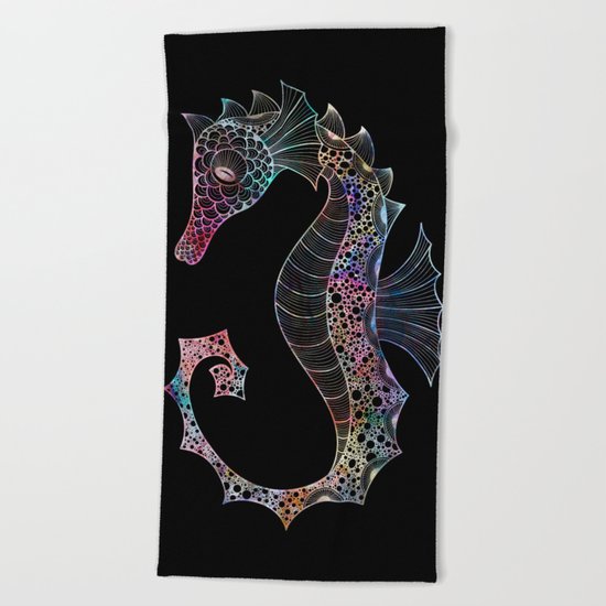 Drawn Seahorse on Black Beach Towel