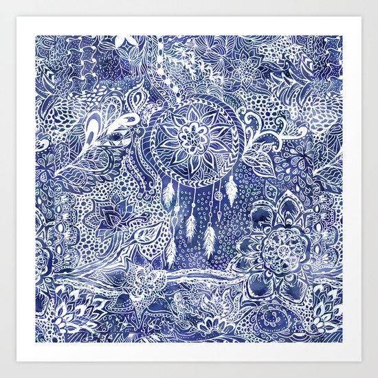 Boho blue dreamcatcher feathers floral illustration Art Print