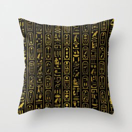 Egyptian Ancient Gold hieroglyphs on black Throw Pillow