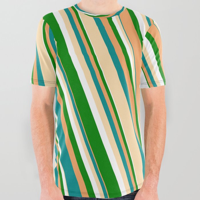 Vibrant Brown, Dark Cyan, Tan, White & Green Colored Striped Pattern All Over Graphic Tee