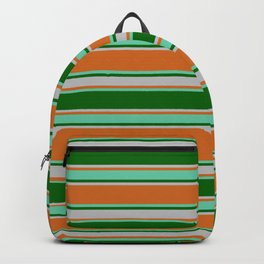 [ Thumbnail: Chocolate, Aquamarine, Dark Green, and Grey Colored Lines Pattern Backpack ]