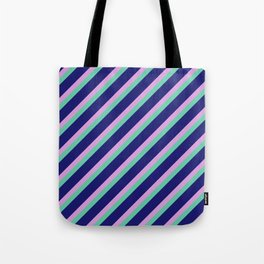 [ Thumbnail: Plum, Aquamarine & Midnight Blue Colored Lined/Striped Pattern Tote Bag ]