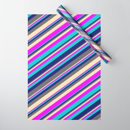 [ Thumbnail: Midnight Blue, Dim Gray, Beige, Fuchsia, and Dark Turquoise Colored Lines/Stripes Pattern Wrapping Paper ]