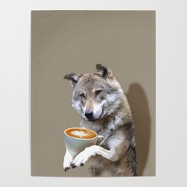 Brown Wolf Wolves Drinking Coffee Smiling, Funny Cute Poster