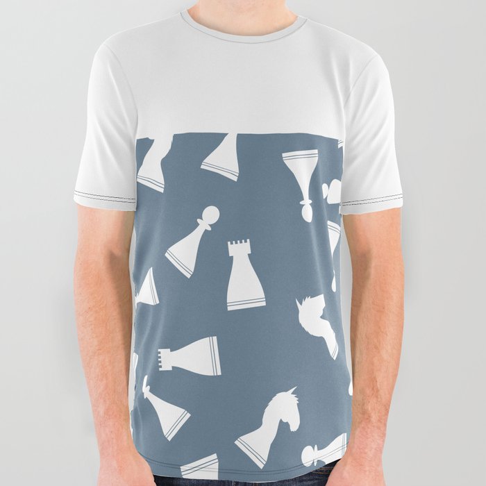 White Chess Pieces on Slate Blue Gray and White Horizontal Split All Over Graphic Tee