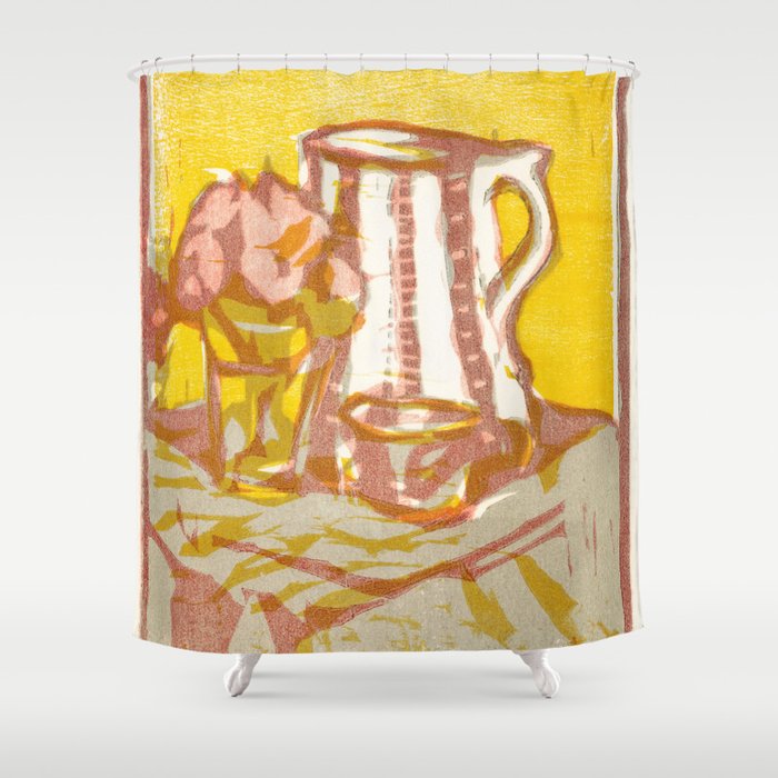 Spring Flowers Still Life - Woodblock Art Print Yellow Pastel Shower Curtain