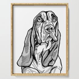 Soulful Basset Hound Pop Art, Black and White Line Drawing of a Basset Hound Serving Tray
