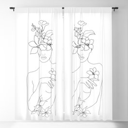 Minimal Line Art Woman with Flowers IV Blackout Curtain