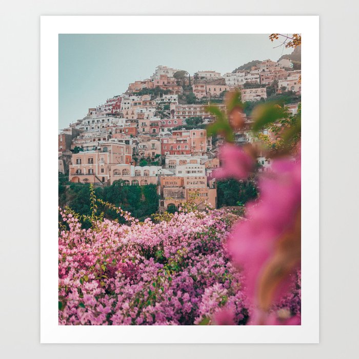 Positano, Italy Travel Photography with Pink Flowers Art Print