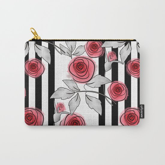 Red roses on black and white striped background. Carry-All Pouch