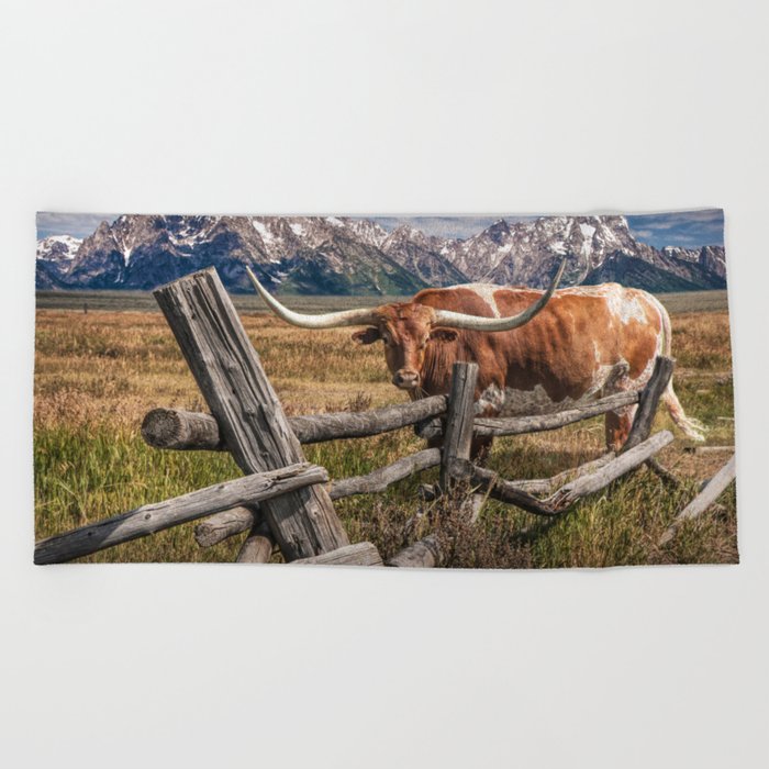 Texas Longhorn Steer with Wood Log Fence in Wyoming Pasture Beach Towel