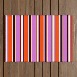 [ Thumbnail: Red, Black, Orchid, and White Colored Stripes Pattern Outdoor Rug ]