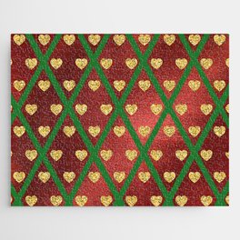 Gold Hearts on a Red Shiny Background with Green Crisscross Lines  Jigsaw Puzzle