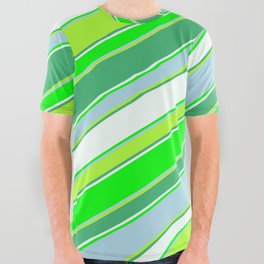 [ Thumbnail: Colorful Sea Green, Mint Cream, Lime, Light Blue, and Light Green Colored Striped/Lined Pattern All Over Graphic Tee ]