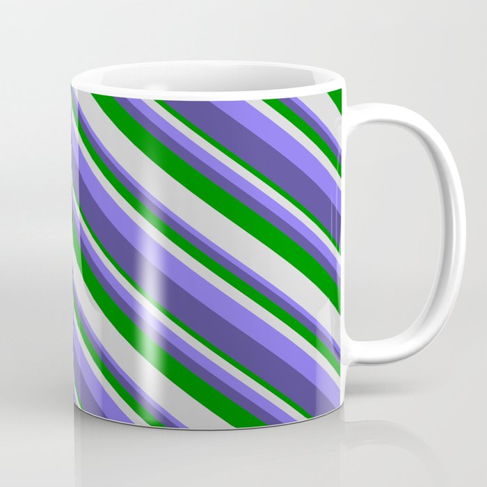 Green, Light Gray, Medium Slate Blue, and Dark Slate Blue Colored Striped Pattern Coffee Mug