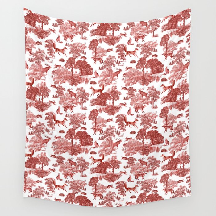 Elegant Red Fox Deer Rabbit in Woodland Toile Pattern Wall Tapestry