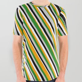 [ Thumbnail: Orange, Forest Green, Light Grey, Black & White Colored Striped Pattern All Over Graphic Tee ]