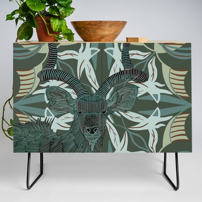 Gorgeous kudu on an abstract green pattern background Credenza