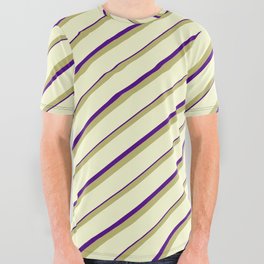 [ Thumbnail: Dark Khaki, Light Yellow & Indigo Colored Lined/Striped Pattern All Over Graphic Tee ]