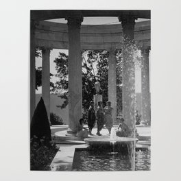 Isadora Duncan Dance Troup posing in gazebo by water fountain floral black and white photography Poster