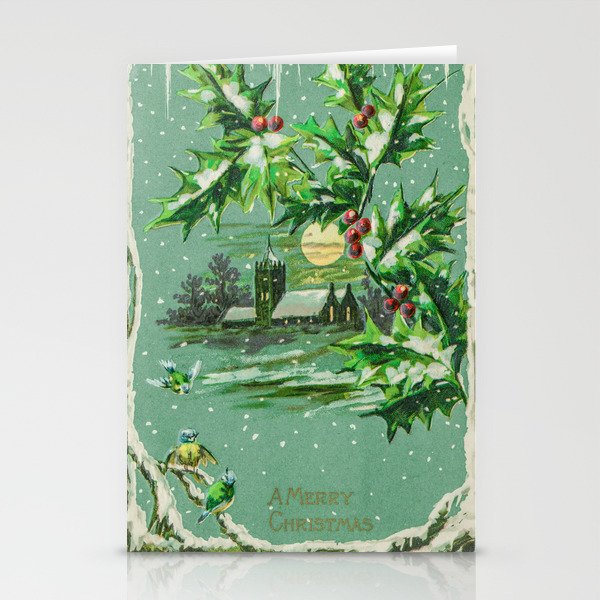 Merry Christmas Vintage Holiday Greeting Card, Snow, Birds Stationery Cards
