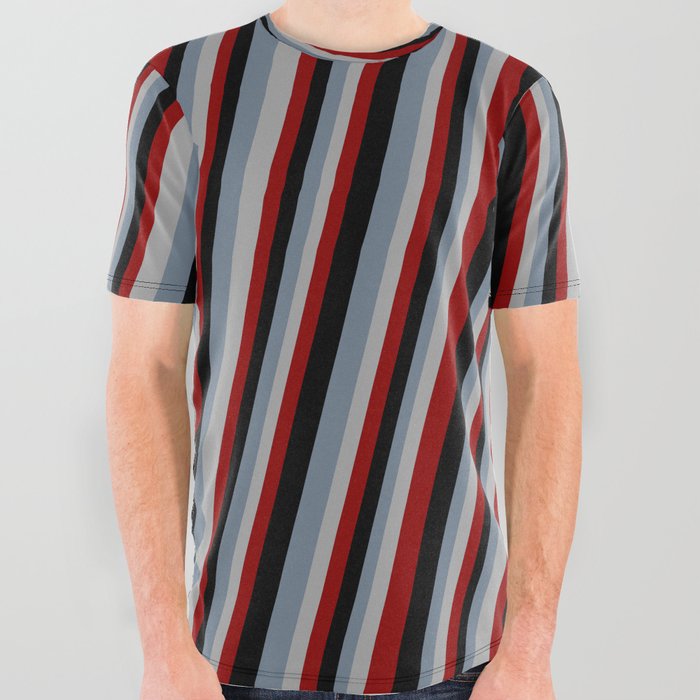 Slate Gray, Dark Gray, Dark Red & Black Colored Stripes Pattern All Over Graphic Tee