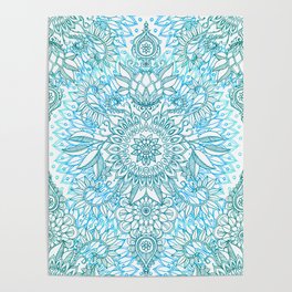 Turquoise Blue, Teal & White Protea Doodle Pattern Poster