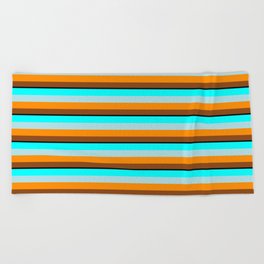 [ Thumbnail: Eyecatching Cyan, Powder Blue, Dark Orange, Brown, and Black Colored Striped Pattern Beach Towel ]