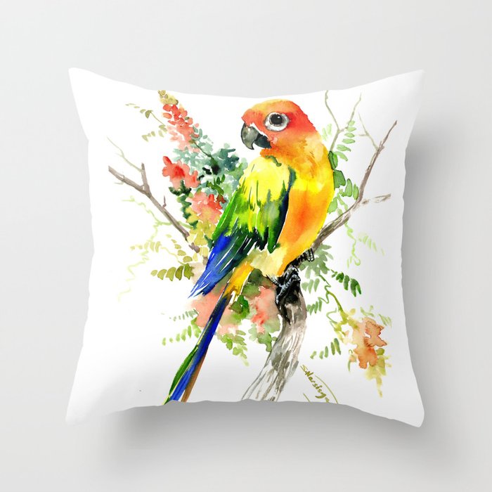 Sun Conure Parakeet, tropical colors parrot art design Throw Pillow