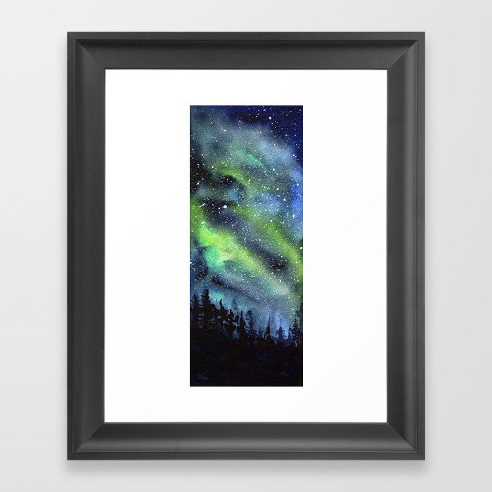 Galaxy Nebula Watercolor Northern Lights Aurora Borealis Framed Art Print
