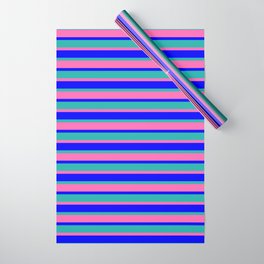 [ Thumbnail: Light Sea Green, Hot Pink, and Blue Colored Lines/Stripes Pattern Wrapping Paper ]
