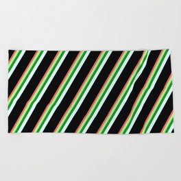 [ Thumbnail: Red, Green, Forest Green, Light Cyan, and Black Colored Stripes/Lines Pattern Beach Towel ]