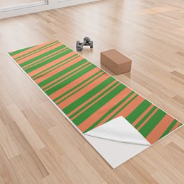 [ Thumbnail: Forest Green & Coral Colored Lines Pattern Yoga Towel ]
