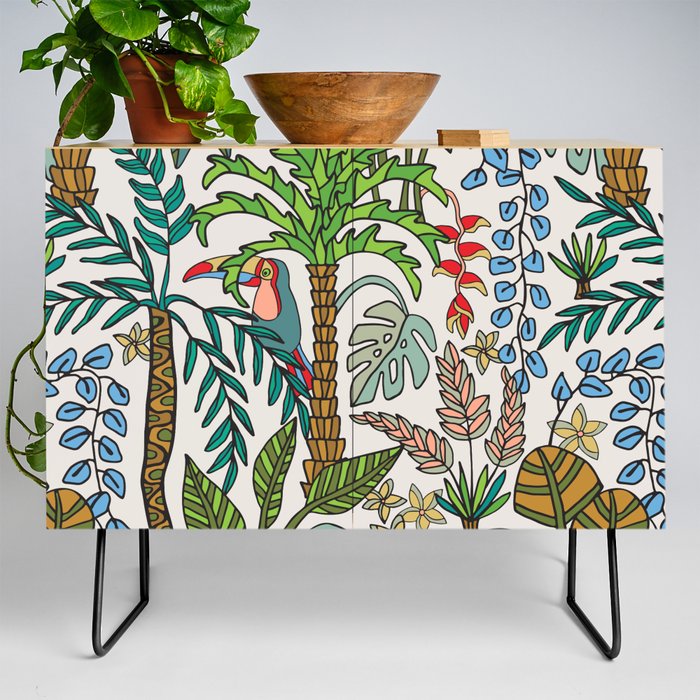 COLORING BOOK JUNGLE FLORAL DOODLE TROPICAL PALM TREES WITH TOUCAN in RETRO 70s COLORS Credenza