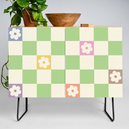 Colorful Flowers Green Check  Credenza